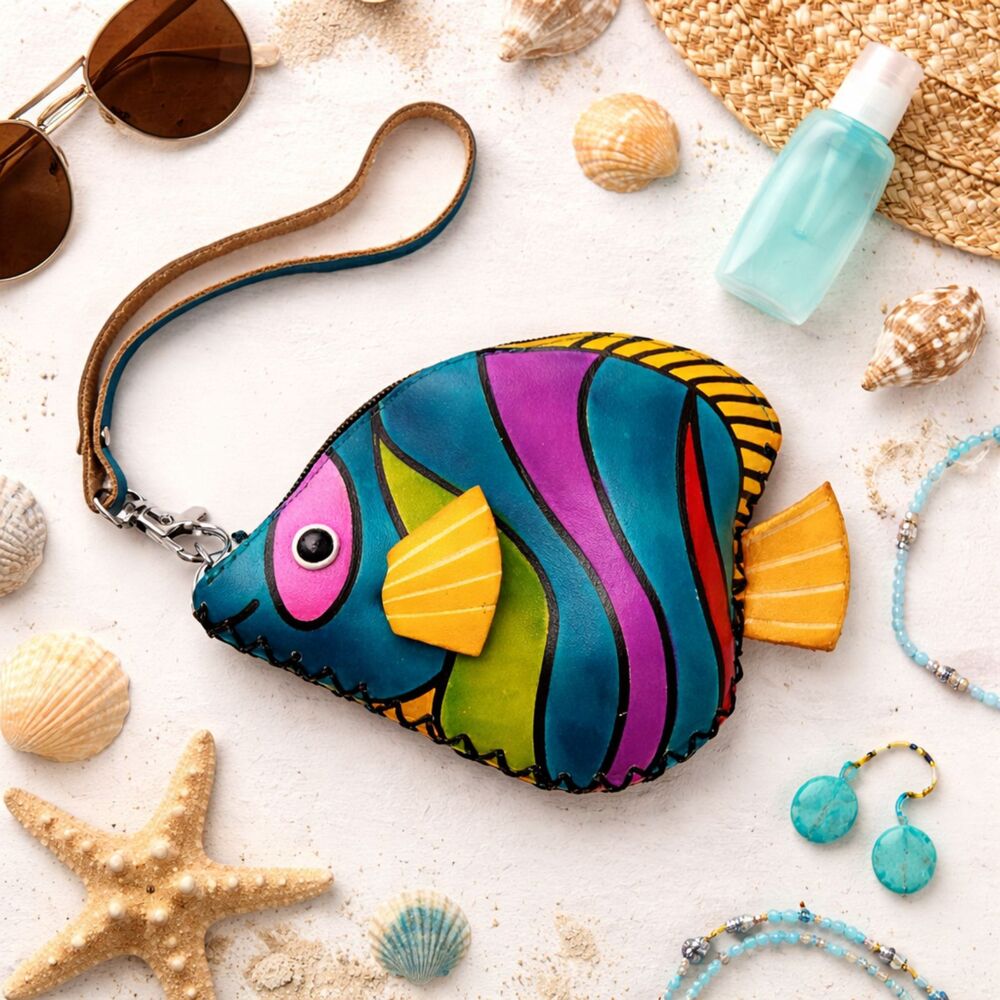 Tropical Fish Wristlet Coin Purse Handmade Leather Zipper Pouch Cruise Accessory